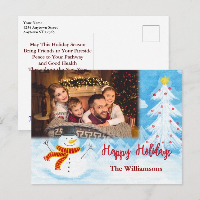 Happy Holidays Watercolor Snowman Photo Christmas Postcard (Front/Back)