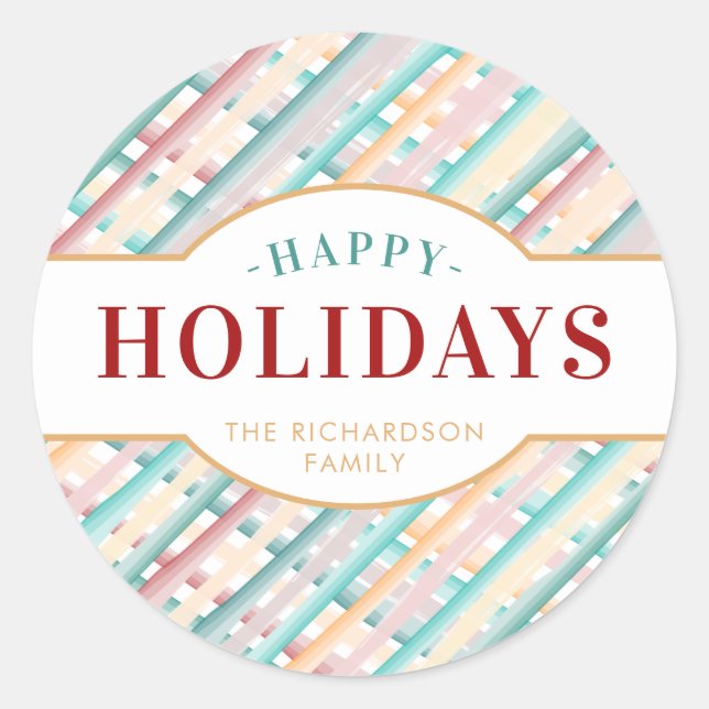Happy Holidays Watercolor Stripes Christmas Classic Round Sticker (Front)