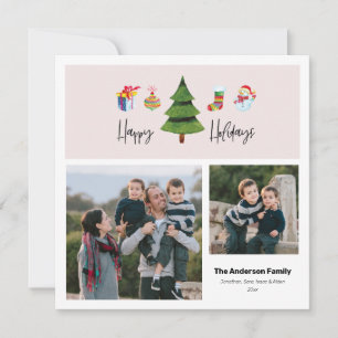 Happy Holidays Watercolor Tree   2 Photo Holiday Card
