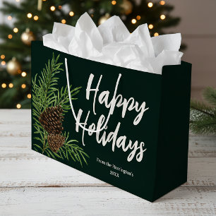 Happy Holidays Watercolor Winter Pine Green Large Gift Bag