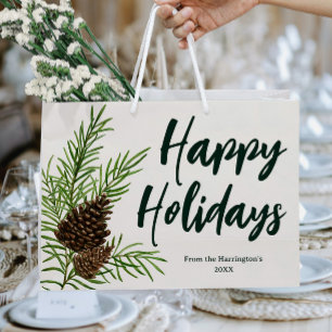Happy Holidays Watercolor Winter Pine Ivory Large Gift Bag