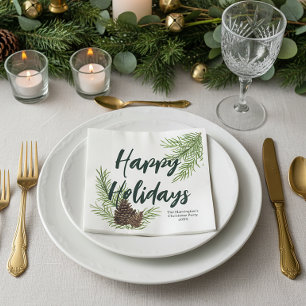 Happy Holidays Watercolor Winter Pine Personalized Napkin