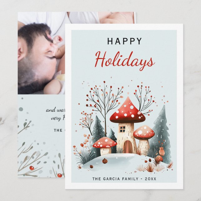 Happy Holidays Watercolor Woodland Photo Holiday Card (Front/Back)