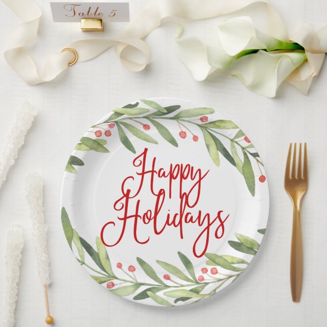 Happy Holidays Watercolor Wreath Christmas Dinner Paper Plate (Wedding)