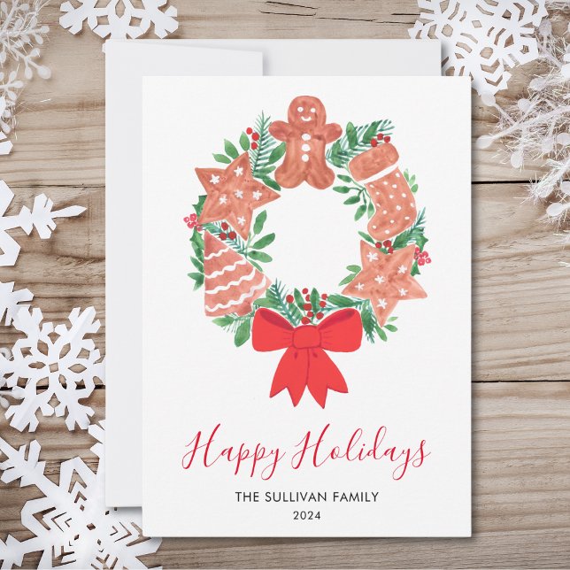 Happy Holidays Watercolor Wreath Holiday Card (Creator Uploaded)
