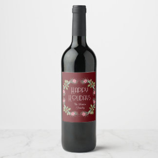 Happy Holidays watercolor wreath Wine Label