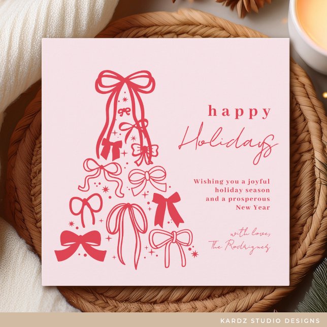 Happy Holidays Whimsical Bow Pink Red Holiday Card (Holiday card shown in 5.25 inches, squared. Personalize and choose paper and corner style or digital)