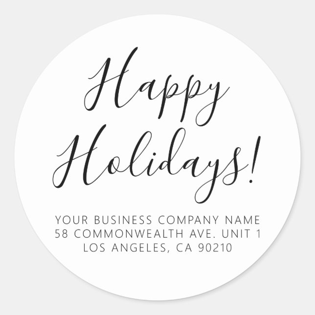 Happy Holidays white black script simple address Classic Round Sticker (Front)