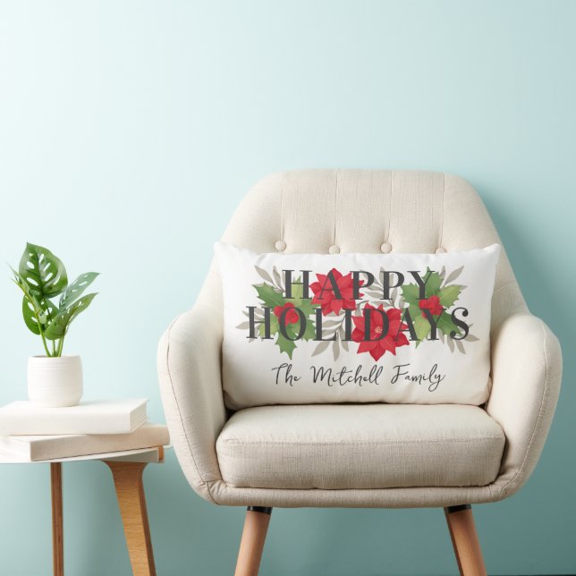 Happy Holidays White Christmas Floral Family Name Lumbar Cushion (Chair)