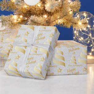 Happy Holidays White Confetti and Gold   Christmas Wrapping Paper