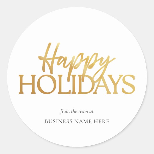Happy Holidays White Gold Business Christmas Classic Round Sticker (Front)