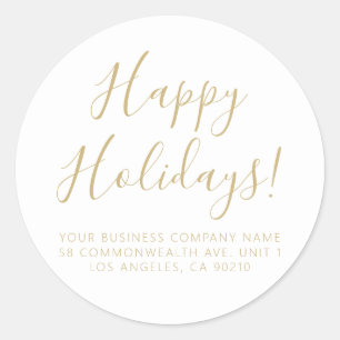 Happy Holidays white gold script simple address Classic Round Sticker
