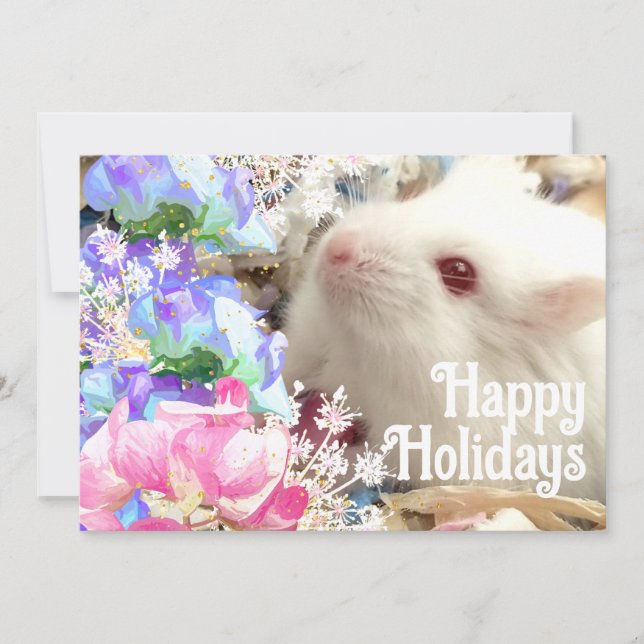 Happy Holidays White Hamster w/ Sweet Peas Flowers Holiday Card (Front)