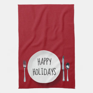 Happy Holidays White Plate and Silverware Tea Towel