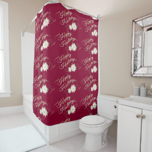 Happy Holidays White Poinsettia Dark Red Shower Curtain