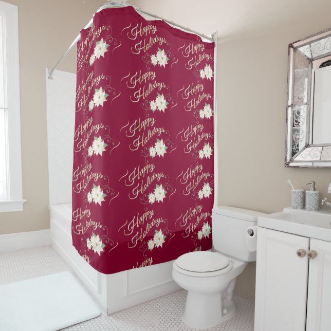 Happy Holidays White Poinsettia Dark Red Shower Curtain (In Situ)