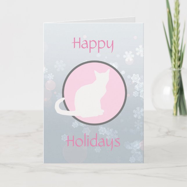 Happy Holidays White Silhouette Tabby Cat Card (Front)