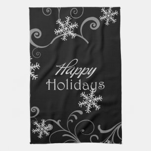 Happy Holidays White Snowflakes on Black Tea Towel
