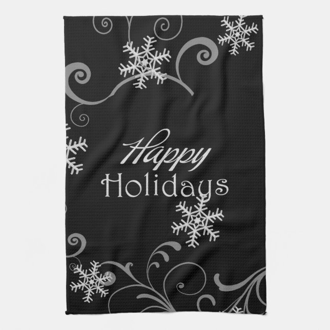 Happy Holidays White Snowflakes on Black Tea Towel (Vertical)