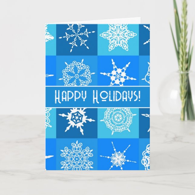 Happy Holidays White Snowflakes on Pretty Blue Holiday Card (Front)