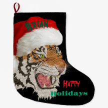 Happy holidays Wildlife tiger with santa hat Black