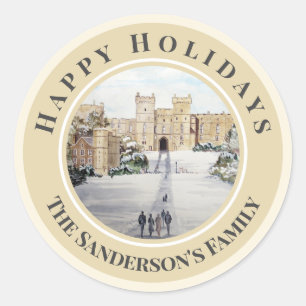 Happy Holidays Winter at Windsor Castle Painting Classic Round Sticker