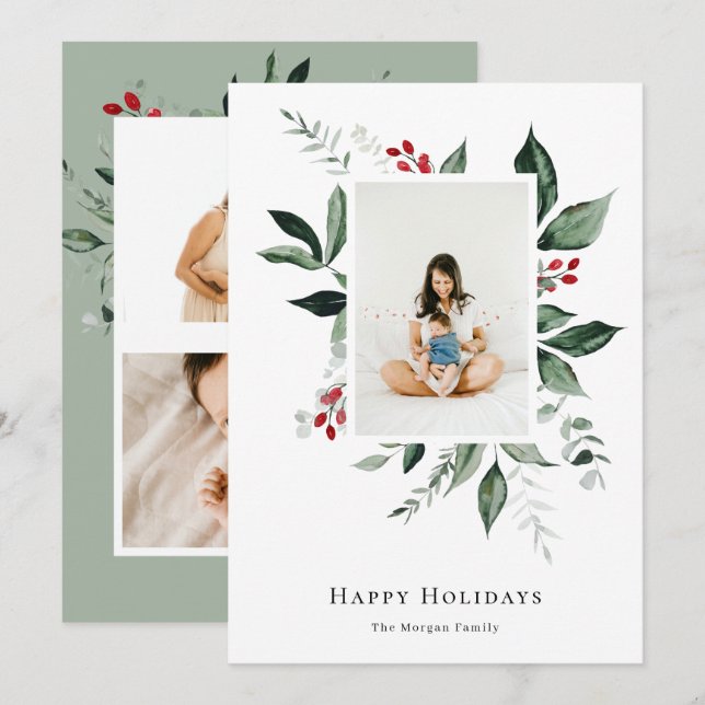 Happy Holidays Winter Berry Botanical Photo Holiday Card (Front/Back)