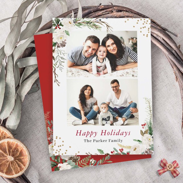Happy Holidays Winter Botanical Floral 2 Photo Holiday Card (Creator Uploaded)