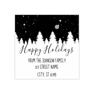 Happy Holidays Winter Christmas Trees Customizable Rubber Stamp