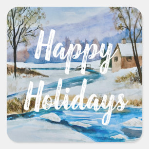 Happy Holidays Winter Country Landscape Stickers