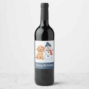 Happy Holidays Winter Goldendoodle Dog Snowman Wine Label
