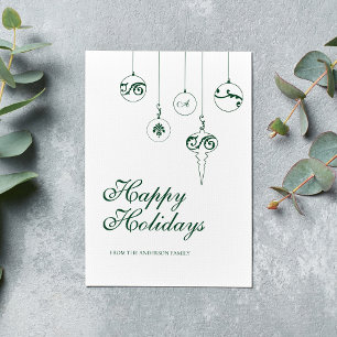 Happy Holidays Winter Green Monogram Bauble Holiday Card