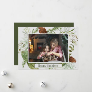 Happy Holidays Winter Greenery Horizontal Photo Holiday Card