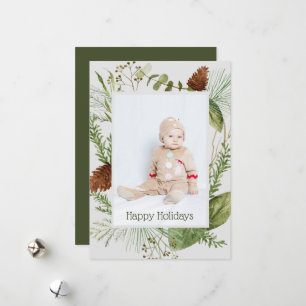 Happy Holidays Winter Greenery Vertical Photo Holiday Card