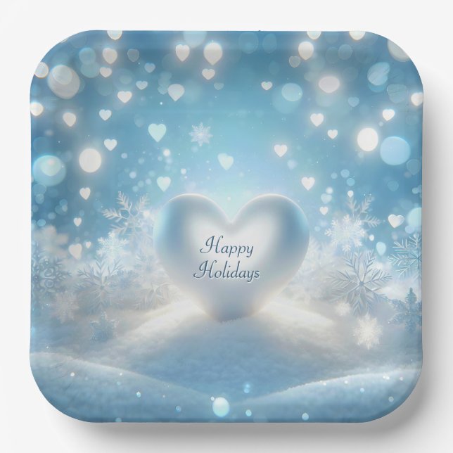 Happy Holidays Winter Heart Paper Plate (Front)