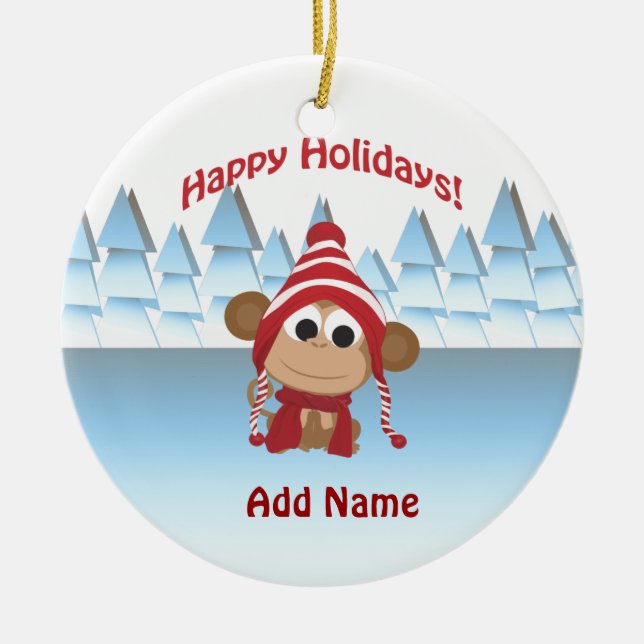 Happy Holidays! Winter Monkey Ceramic Tree Decoration (Front)