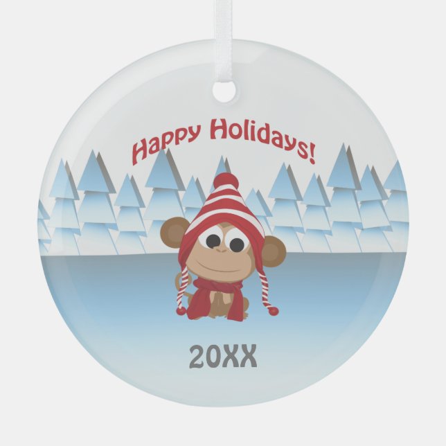 Happy Holidays! Winter Monkey  Glass Tree Decoration (Front)