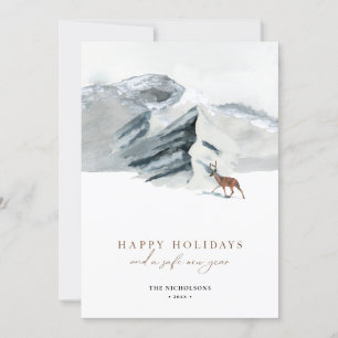 Happy Holidays   Winter Mountain Scenery Reindeer Holiday Card