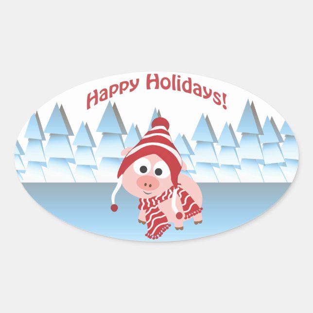 Happy Holidays! Winter Pig Oval Sticker (Front)