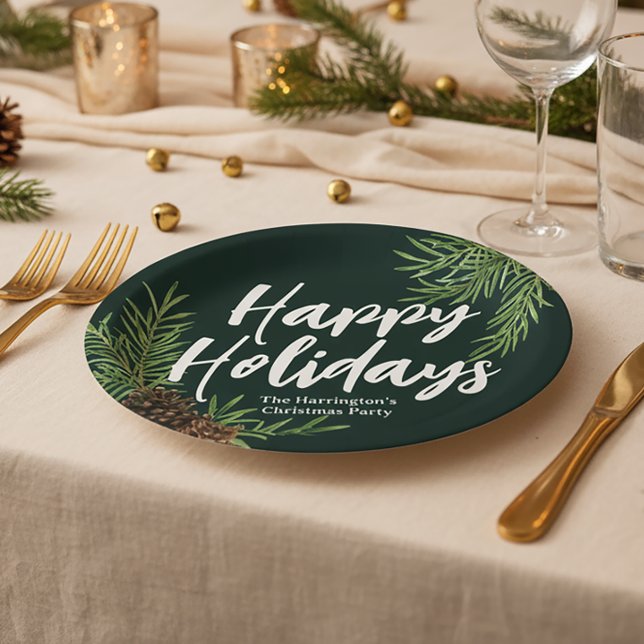 Happy Holidays Winter Pine Greenery Green Paper Plate (Creator Uploaded)