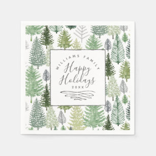 Happy Holidays Winter Pine Trees Paper Napkin