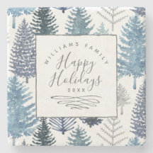 Happy Holidays Winter Pines Custom Stone Coaster