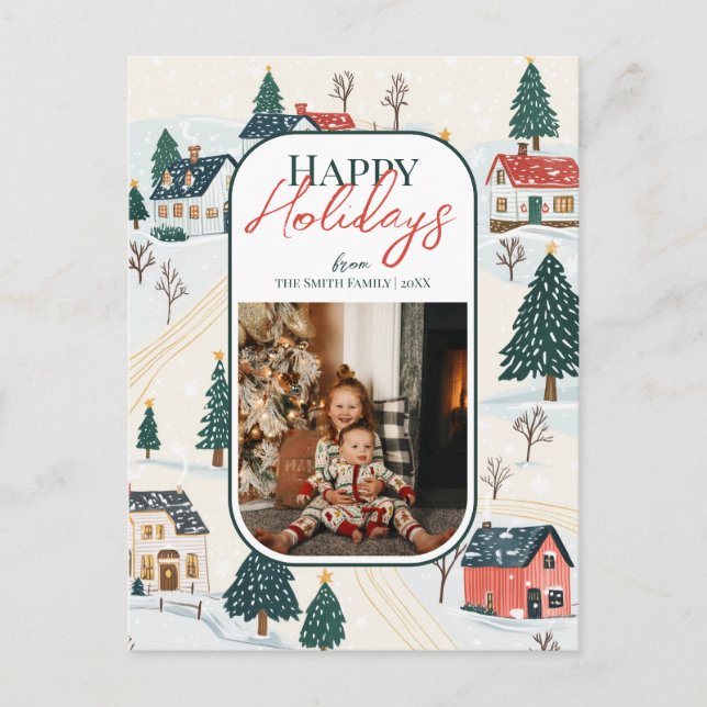 Happy Holidays Winter Village Family Photo Postcard (Front)