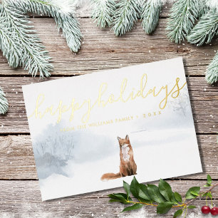 Happy Holidays Winter Woodland Scene Fox Gold Foil Holiday Card
