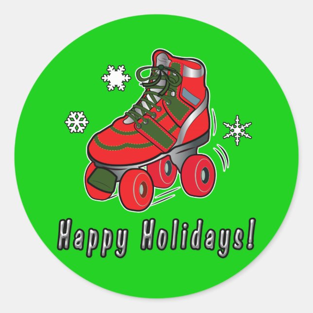 Happy Holidays with Christmas Roller Skate Classic Round Sticker (Front)