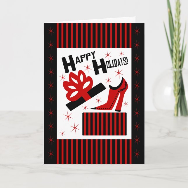 Happy Holidays! With Funky Shoe Boot And Gift Box Holiday Card (Front)