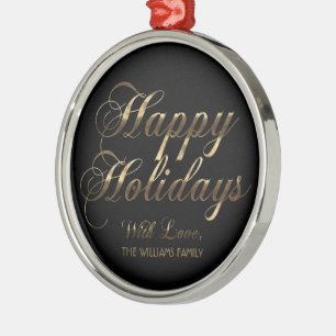 Happy Holidays With Love Add Name Black and Gold Metal Tree Decoration
