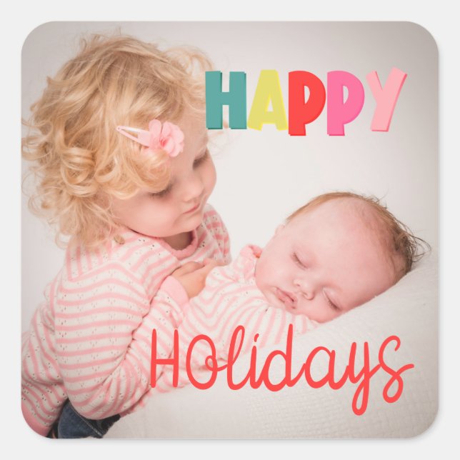 Happy Holidays with photo Christmas greeting Square Sticker (Front)