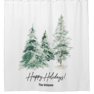 Happy Holidays with Pine Trees Shower Curtain