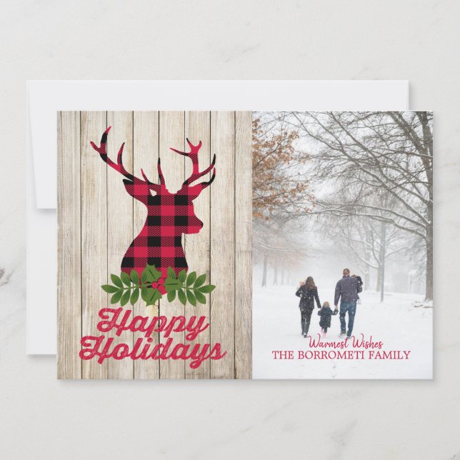 Happy Holidays With Plaid Deer Head Photo Card (Front)